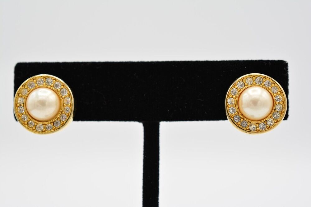 Vintage Clip Pearl Earrings Rhinestone Crystal Round Huggie Gold Tone 1980s BinH